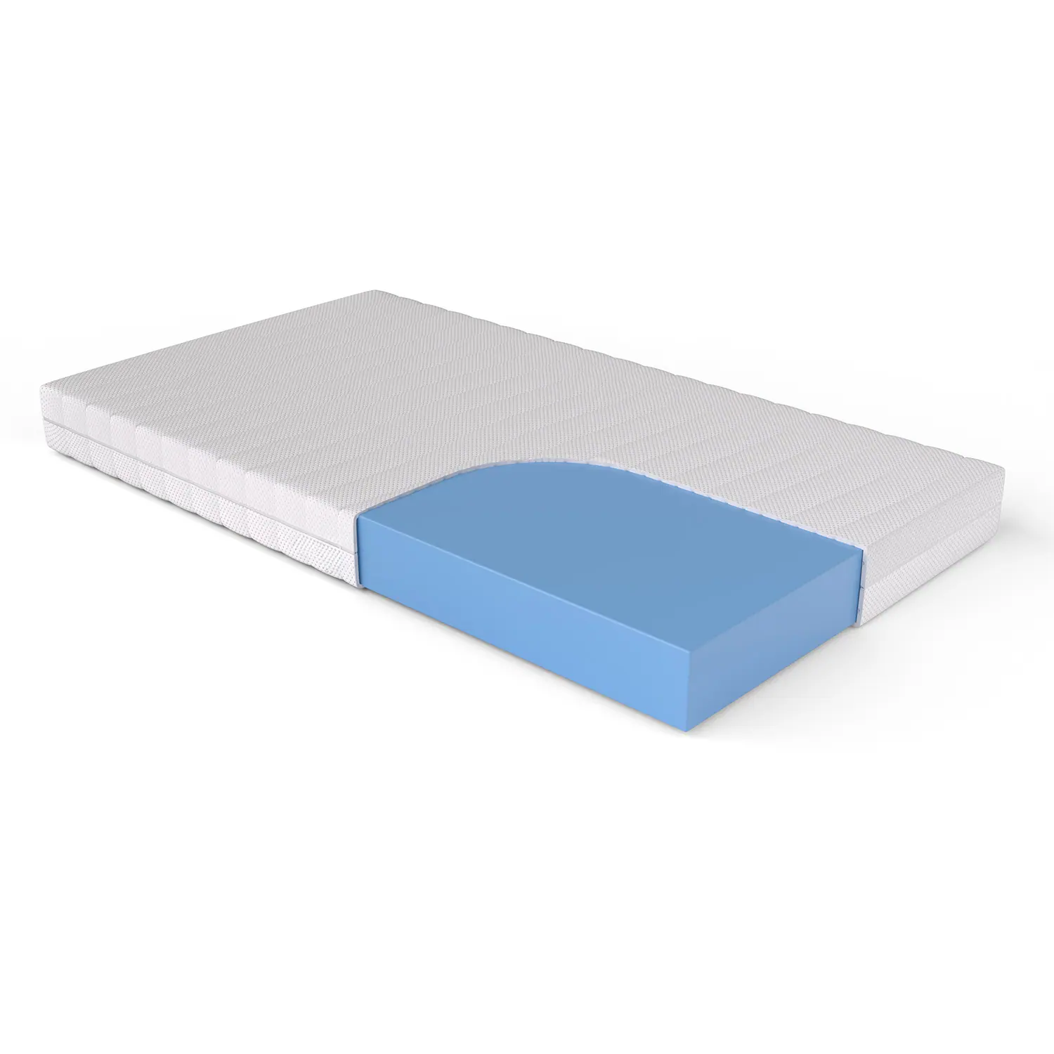 Matras op maat met doorsnede van de blauwe hybride koudschuim kern